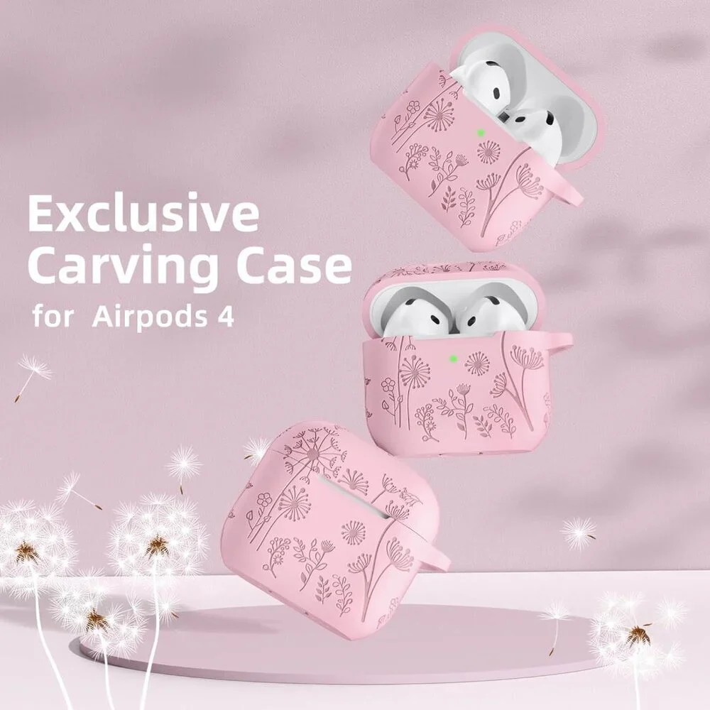 Women's Apple Airpods Flower Engraved Case Compatible Cleaner Kit Keychain Bag